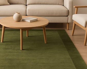Hand Tufted Olive Green Wool Rug, Modern Minimalist Bordered Carpet