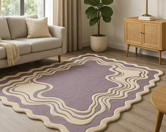 Hand Tufted Wool Area Rug, Purple Cream Abstract Wave, Modern Home Decor