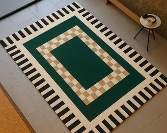 Hand Tufted Wool Rug: Geometric Checkerboard, Modern Green & Ivory
