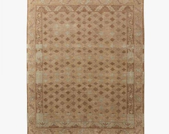 Hand-knotted Wool Oushak Style Rug, Neutral Beige Geometric Farmhouse Carpet