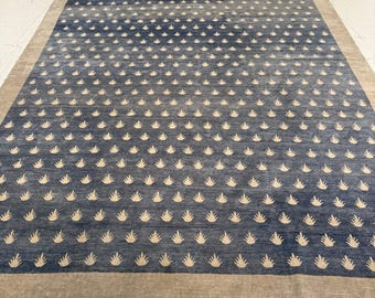 Hand-knotted Wool Rug, Blue Beige Geometric Pattern Carpet, Scandinavian Living Room