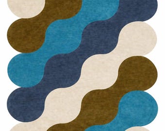 Handgetufteter Wollteppich, Blau / Cremefarbenes gewelltes Jakobsmuschelmuster