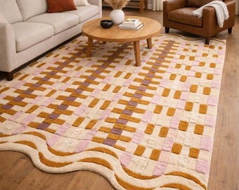Hand Tufted Checkered Wool Rug, Wavy Edge, Modern Abstract