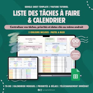 Peut inclure: Visuel teal avec le texte "GOOGLE SHEET TEMPLATE | YOUTUBE TUTORIEL" et "LISTE DES TÂCHES À FAIRE & CALENDRIER". L'image montre un ordinateur portable et une tablette affichant une feuille de calcul. Le texte comprend également "2 COULEURS INCLUSES - PASTEL & BLEU".