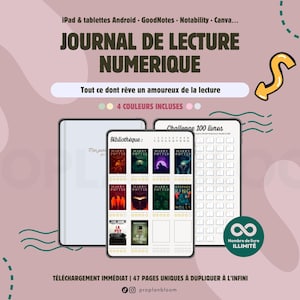 Peut inclure: Journal de lecture numérique sur fond rose. L'image présente une tablette et un téléphone affichant des couvertures de livres et un journal de lecture. Le texte comprend "JOURNAL DE LECTURE NUMERIQUE" et "4 COULEURS INCLUSES".