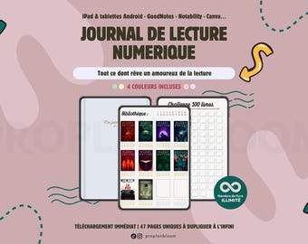Journal de lecture numérique | GoodNotes Notability | Bibliothèque | Fiche livre | Tracker mensuel et annuel | Wishlist | Texture papier