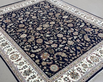 Dark Navy Blue Hand-Knotted Persian Oriental Wool & Silk Indo Nain All Over Floral Rug