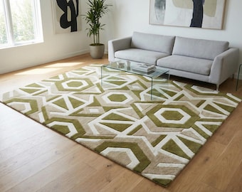 Hand Tufted Wool Area Rug – Geometric Hexagon Mid Century Modern Design in Olive Green
