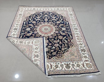 Dark Navy Blue Hand-Knotted Persian Oriental Wool & Silk Indo Nain Medallion Floral Rug