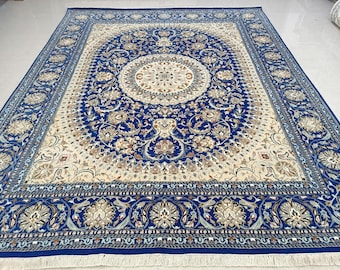 Hand-Knotted Persian Oriental Wool & Silk Indo Nain Medallion Floral 8x10 Blue Rug