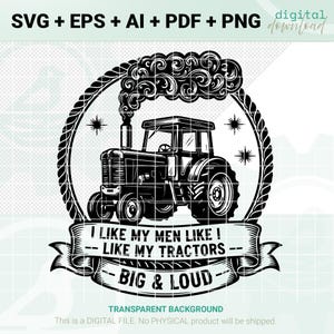 Può includere: Download digitale in bianco e nero di un'illustrazione di un trattore. Il trattore è all'interno di un cerchio di corda con stelle. Un banner sottostante recita "I LIKE MY MEN LIKE! LIKE MY TRACTORS - BIG & LOUD". L'immagine include il testo "SVG + EPS + AI + PDF + PNG" e "digital download".