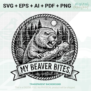 Peut inclure: Graphique numérique en noir et blanc, représentant un castor avec la bouche ouverte, tenant une bûche. Le castor est entouré d'arbres et d'une pleine lune. Le texte indique "MY BEAVER BITES". Le design est circulaire et encadré d'une bordure en corde.