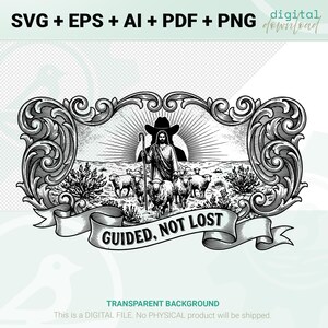 Op de afbeelding: Zwart-wit digitale download afbeelding van een herder met schapen, omlijst door krullen. De tekst "GUIDED, NOT LOST" staat op een banner. Inclusief SVG, EPS, AI, PDF en PNG bestanden.