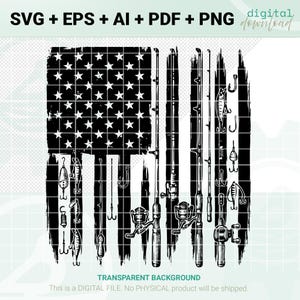 Może przedstawiać: Czarno-biała grafika przedstawiająca flagę amerykańską z wędkami i przynętami zastępującymi paski. Gwiazdy flagi znajdują się w lewym górnym rogu. Obraz zawiera tekst "SVG + EPS + AI + PDF + PNG" i "digital download".