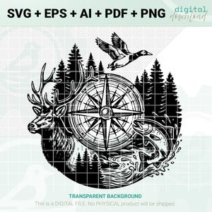 Puede incluir: Descarga digital en blanco y negro con una brújula, un ciervo, un pato, un pez y árboles. El diseño incluye el texto "SVG + EPS + AI + PDF + PNG digital download" y "TRANSPARENT BACKGROUND".