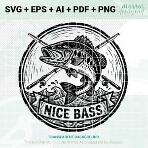 Può includere: Grafica in bianco e nero di un persico trota che salta fuori dall'acqua, con due canne da pesca incrociate. Le parole "NICE BASS" sono su uno striscione sottostante, all'interno di un design circolare. È un download digitale.