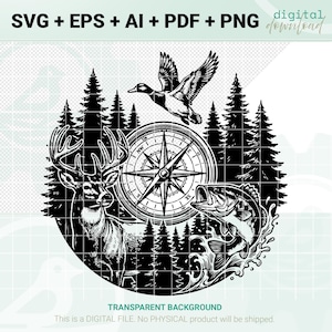 Op de afbeelding: Zwart-wit digitale download met een hert, eend, vis, kompas en dennenbomen. Het ontwerp bevat de tekst "SVG + EPS + AI + PDF + PNG" en "digital download". De achtergrond is transparant.