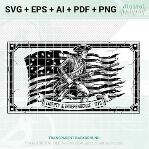 Può includere: Grafica digitale in bianco e nero che raffigura un soldato coloniale con un fucile, ambientata su una bandiera americana strappata. Il design include il testo "LIBERTY & INDEPENDENCE - 1776" su uno stendardo. L'immagine è incorniciata con un bordo decorativo.