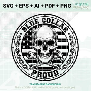 Op de afbeelding: Zwart-wit digitale download grafische afbeelding met een schedel, moersleutels en een hamer, met de tekst "BLUE COLLAR PROUD". Het ontwerp bevat een Amerikaanse vlag achtergrond en een kettingrand.