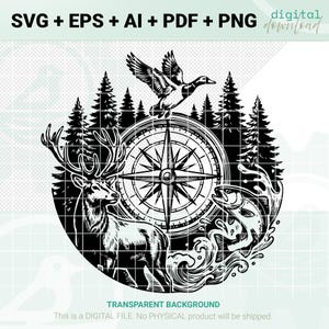 Puede incluir: Gráfico de descarga digital en blanco y negro con una brújula, ciervo, pato, pez y pinos. El diseño incluye el texto "SVG + EPS + AI + PDF + PNG digital download" y "TRANSPARENT BACKGROUND".