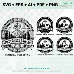 Può includere: Grafica digitale scaricabile con diverse versioni di un distintivo da ranger della natura selvaggia. I disegni includono una bussola, montagne e alberi, con il testo "Wilderness Ranger" e "Est. 19XX". Lo sfondo è trasparente.