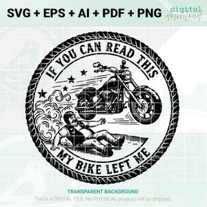 Può includere: Design digitale in bianco e nero con una moto e un motociclista caduto. Il testo recita "IF YOU CAN READ THIS MY BIKE LEFT ME". Il design è circondato da un bordo a forma di corda e include stelle.