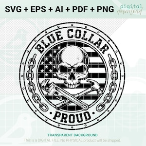 Può includere: Design digitale in bianco e nero con un teschio, chiave inglese e martello incrociati e un design a bandiera americana. Il testo recita "BLUE COLLAR PROUD". Include formati di file SVG, EPS, AI, PDF e PNG. Sfondo trasparente.