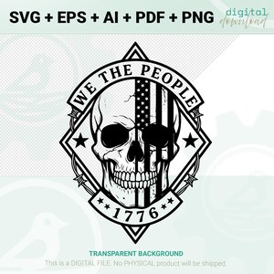 Può includere: Grafica digitale in bianco e nero scaricabile con un design a teschio. Il teschio è diviso a metà, con una metà che rappresenta la bandiera americana. Il testo "WE THE PEOPLE" e "1776" sono inclusi. È un file digitale.