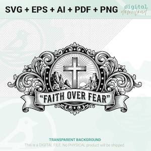 Op de afbeelding: Zwart-wit digitaal ontwerp met een kruis, een woestijnlandschap en de tekst "FAITH OVER FEAR" op een banner. Het ontwerp is omgeven door sierlijke krullen en is geschikt voor diverse digitale projecten.