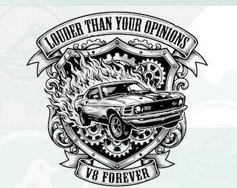 V8 Engine SVG – Hot Rod Flames Art – Vintage Engraving – Garage Wall Print – Digital Download