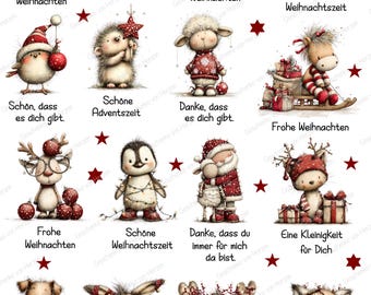May include: A collection of fifteen Christmas-themed illustrations featuring animals like sheep, mice, reindeer, birds, penguins, and foxes. Each character is paired with German text greetings such as Frohe Weihnachten and Schöne Adventszeit.