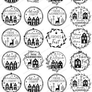 Könnte beinhalten: Eine Sammlung von zweiundzwanzig kreisförmigen schwarz-weißen Grafikdesigns mit weihnachtlichen Motiven. Jedes Design enthält Illustrationen von Häusern, Hirschen, Bäumen oder Sternen, begleitet von deutschem Text wie Advents Zauber, Frohe Weihnachten, Warme Wintergrüße, Frohes Fest und Winter Wunderland.