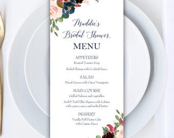 Printed Menu Bridal Shower Wedding Birthday Graduation Luncheon Rehearsal Dinner - Navy Burgundy Blush Chloe Collection TPC9018