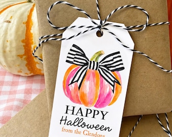 Personalized Pink Pumpkin Halloween Favor Tags: Preppy Black Stripe Bow