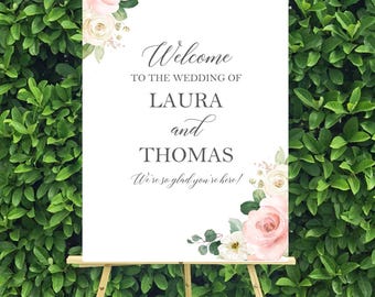 Blush Roses Wedding Welcome Printed Sign Board Birthday Sweet 16 Pink Bat Mitzvah - Sage and Blush Roses Laura Collection TPC9109