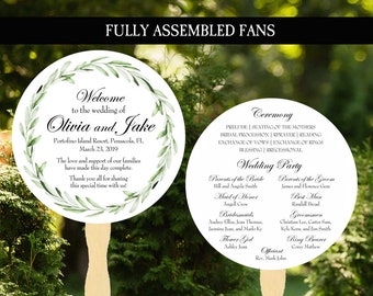 Wedding Program Fans Assembled - 50 or more - Elegant Greenery Circle
