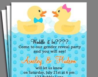 Rubber Duck Gender Reveal Invitation Printable or Printed with FREE SHIPPING - Twin Baby Shower or Sibling Birthday