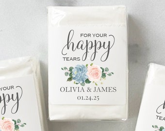 Happy Tears Tissue Personalized Wedding Favors  Ceremony Pack of 10 - Dusty Blue Blush Blooms Collection TPC9013