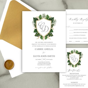 Tropical Palms Crest Wedding Invitations Suite Engagement Shower Beach Destination Wedding Amelie Gold Palms Crest Collection TPC9078