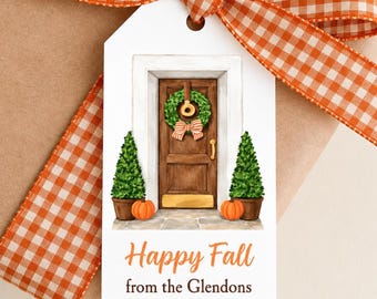 Happy Fall Orange Topiary Tags Printed Personalized Thanksgiving, Birthday, Rehearsal Dinner, Couples Shower