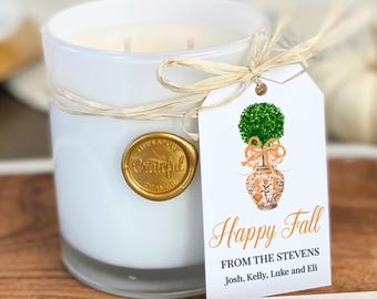 Happy Fall Orange Topiary Tags Printed Personalized Birthday, Rehearsal Dinner, Couples Shower