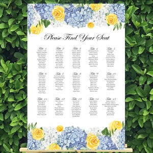 Plano de asientos para boda con hortensias azules y rosas amarillas, tablero impreso, cena de ensayo en azul polvoriento, despedida de soltera, colección Carolyn TPC9088