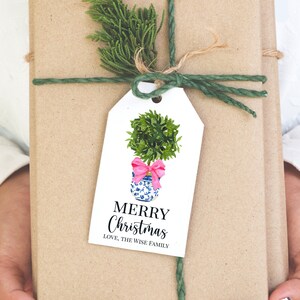 May include: A wrapped gift in brown paper, tied with green twine and a sprig of greenery. A white tag features a watercolor image of a topiary in a blue and white pot with a pink bow. The tag reads "MERRY Christmas" and "LOVE, THE WISE FAMILY."