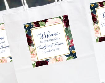 Blush and Burgundy Wedding Welcome Bags and Note Wedding Bridal Shower Bridesmaids Proposal Navy Burgundy Blush Chloe Collection TPC9018