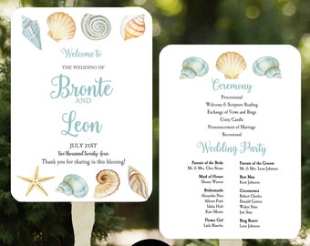 Seashell Wedding Program Fans Assembled (MIN order 25) Tropical Island Destination Tropical Glam Wedding Stationery