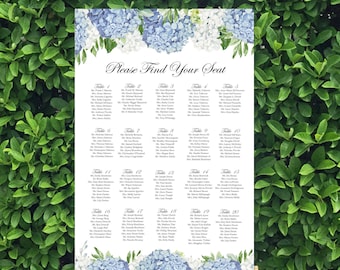 Blue Wedding Seating Chart Printed Board Dusty Blue Rehearsal Dinner Bridal Shower Blue Hydrangea Elizabeth Collection TPC9001