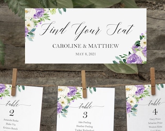 Lavender Lilac Wedding Seating Chart Cards 5x7" Printed - Lilac Lavender Marilyn Collection TPC9002