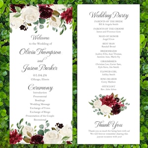May include: A wedding program with floral accents. The program features the names "Olivia Thompson and Jason Parker" and the date "01.04.24". The program includes the wedding party details and a thank you message. The floral design includes white and burgundy flowers.