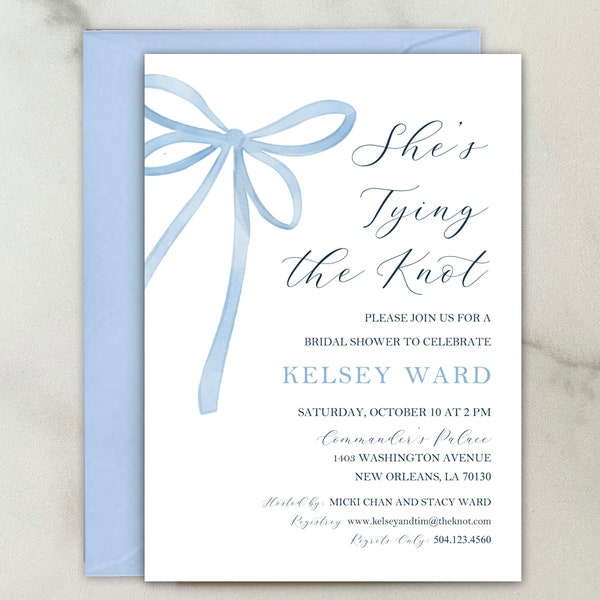 Blue Bridal Shower Invitations She's Tying the Knot (25 MINIMUM) Dusty Blue Bow Baby Shower