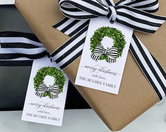 PRINTED Christmas Gift Tags Personalized Black Stripe Boxwood Bow Corporate Gift Custom Hostess Gift Everyday Wedding Shower Thank you